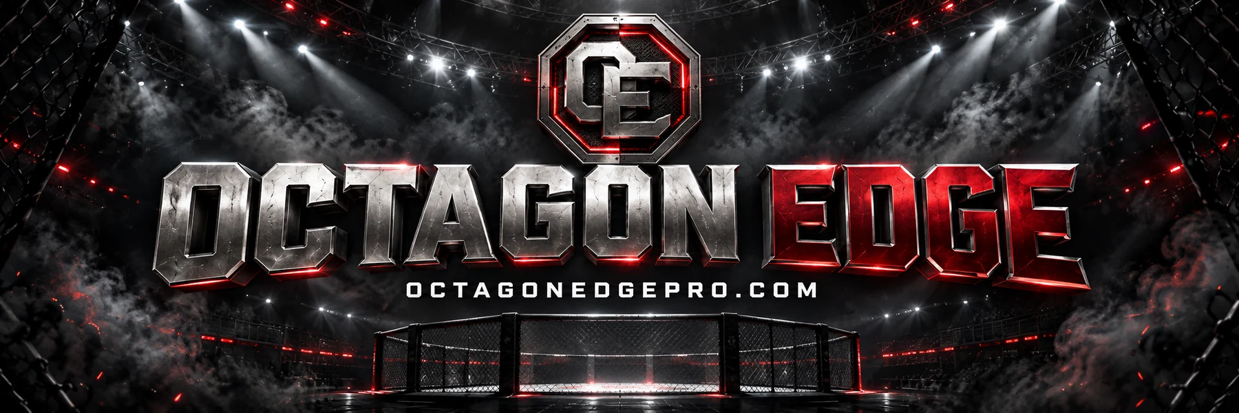 Octagon Edge — metallic silver and red lettering above a floodlit MMA arena.