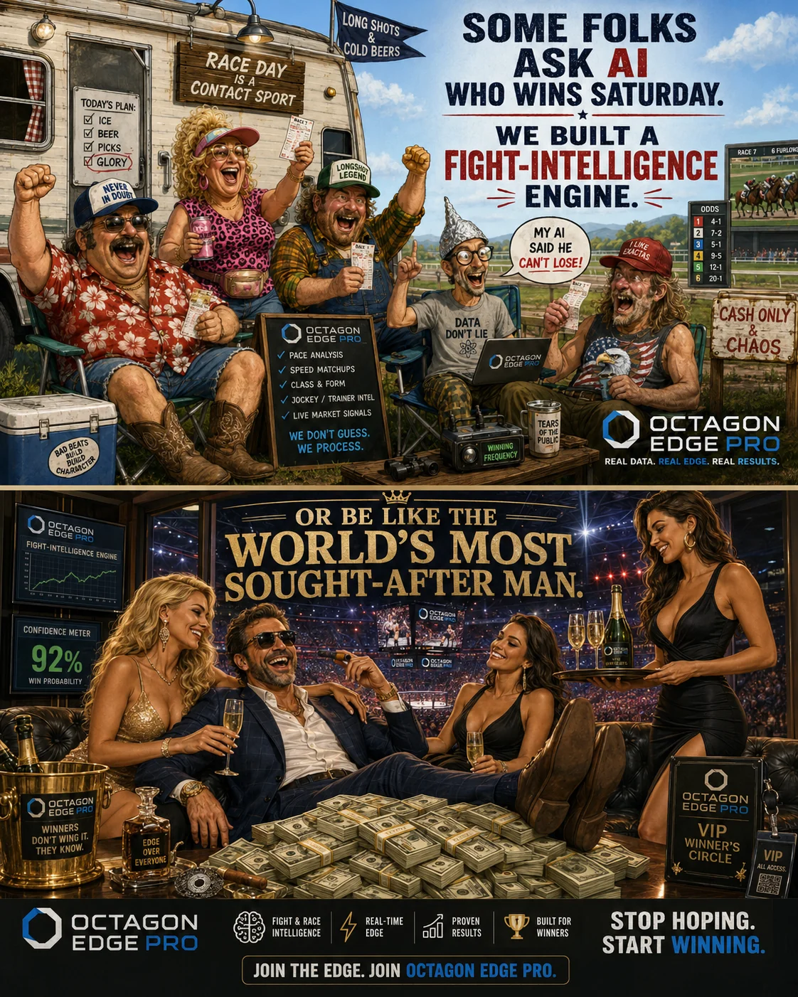 Octagon Edge comedy artwork: a chaotic race-day tailgate above an exaggerated luxury VIP celebration.